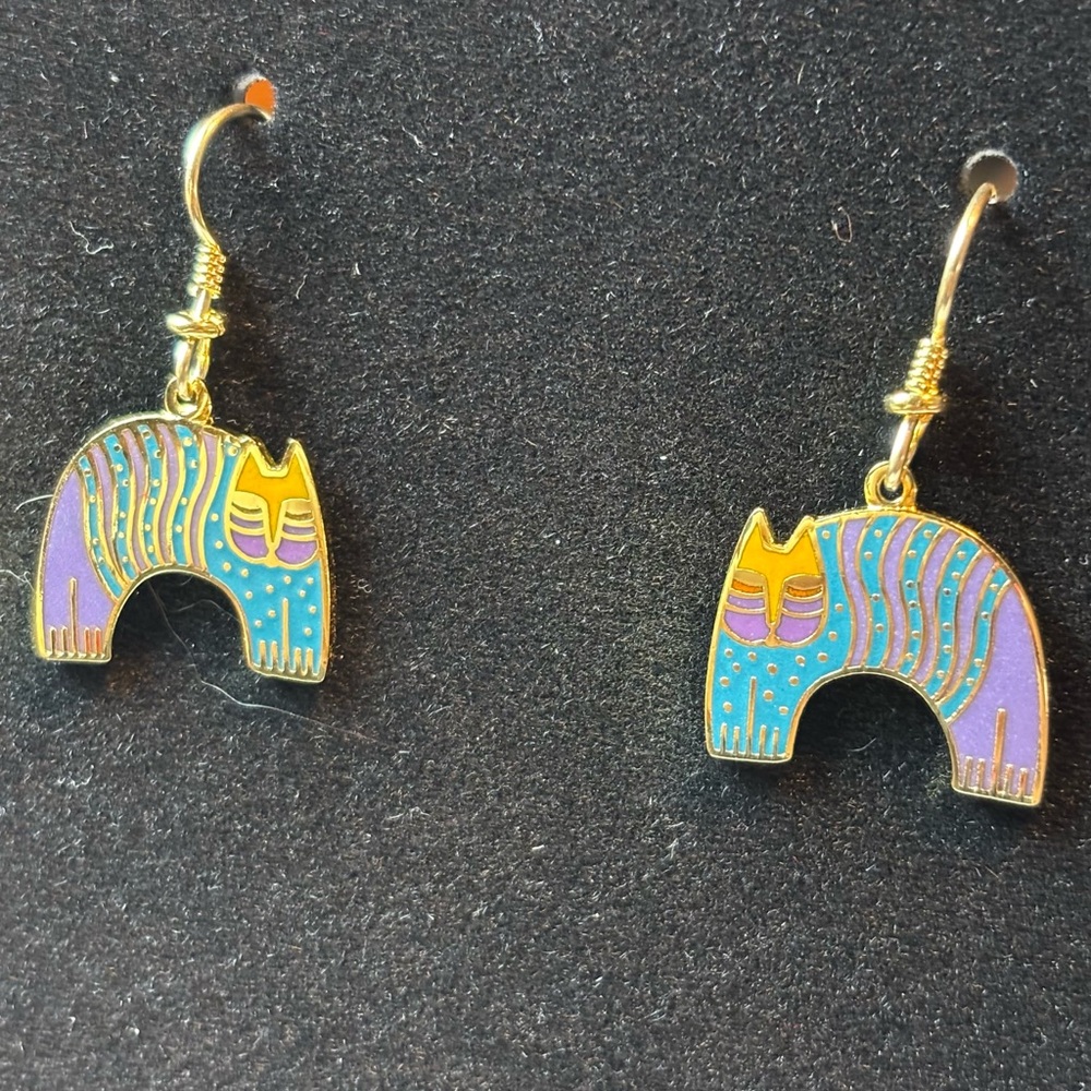 Vintage Laurel Burch Mr. Jio’s Cat Enamel Dangle Cat Earrings, Goldtone VTG Cats - Picture 13 of 16